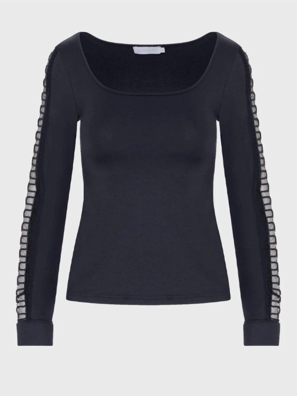 Anne Fontaine Black Stretch Long Mesh Sleeve Scoop Neck Saga Blouse Sz. 40 (6-8)